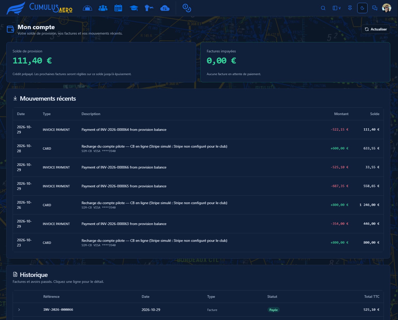 Online pilot account and secure payments